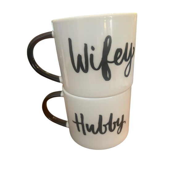 Wifey Hubby Porcelain Coffee Cup Mugs Set Stackable Newlyweds Married Life Cute - Picture 2 of 8